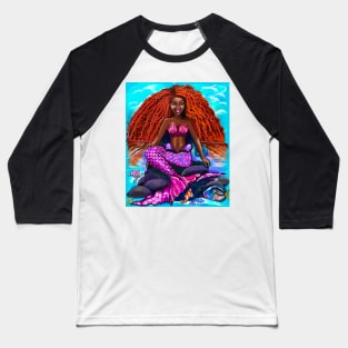 Black mermaid with flowing red locks singing , brown eyes Afro hair and caramel brown skin Baseball T-Shirt